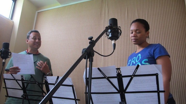 Punta Fuego voice actors record a scene for the radio drama. Photo by J. Sanchez for WCS.