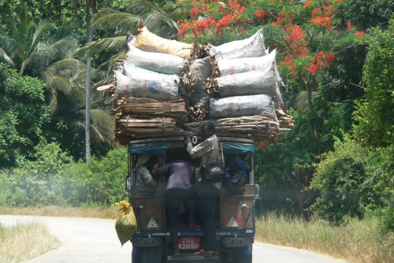 Truck piled high with sacks and bundles of wood, transporting goods through Jozani Forest. Photo: Kent MacElwee/Flickr CC by 2.0