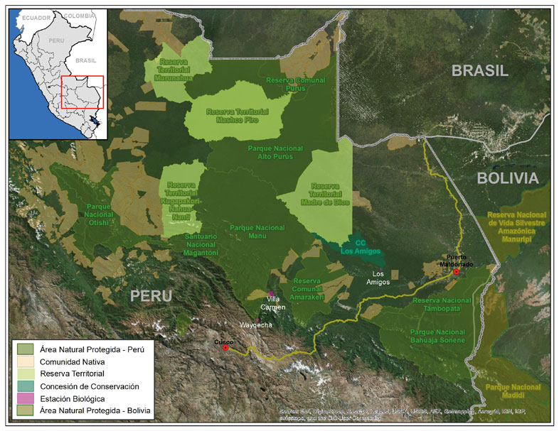 A map showing Manu National Park and surrounding conservation buffer areas. Image courtesy of ACCA.