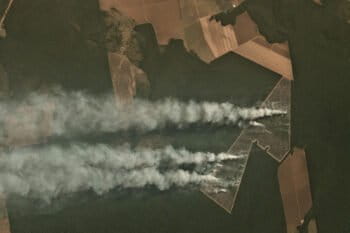 Planet images showing fire on recently deforested near Itaúba in the State of Mato Grosso, Brazil on June 29, 2020.