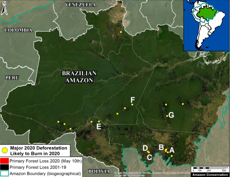 Major 2020 deforestation events (yellow dots) as predictors of 2020 fire events. Zones A, E, F and G have burned since June 2020. Data: Hansen/UMD/Google/USGS/NASA, UMD/GLAD, RAISG, MAAP. Image courtesy of MAAP. 