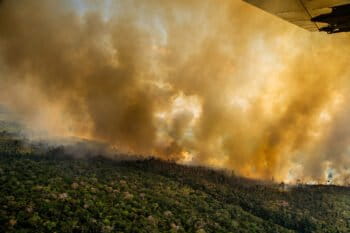 Fires burning in the Amazon on August 17 next to the borders of the Kaxarari Indigenous territory, in Labrea, Amazonas state. Felled forests are intentionally lit in the Amazon to clear land for cattle ranching. Photo by: Christian Braga / Greenpeace