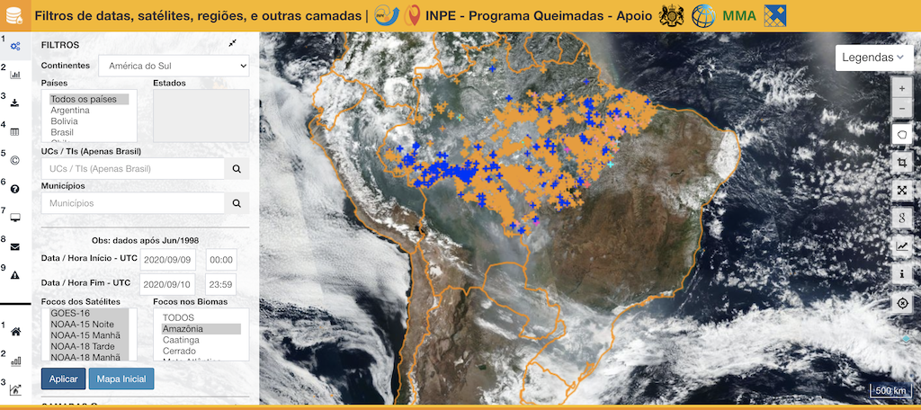 Hotspot alerts are available in the INPE fire monitoring platform (Programma Queimadas) from many different satellites. Here, Amazon hotspot data from September 10, 2020 from all satellites are shown. A menu on the left allows the user to select time, location, satellites, etc. (Screenshot)