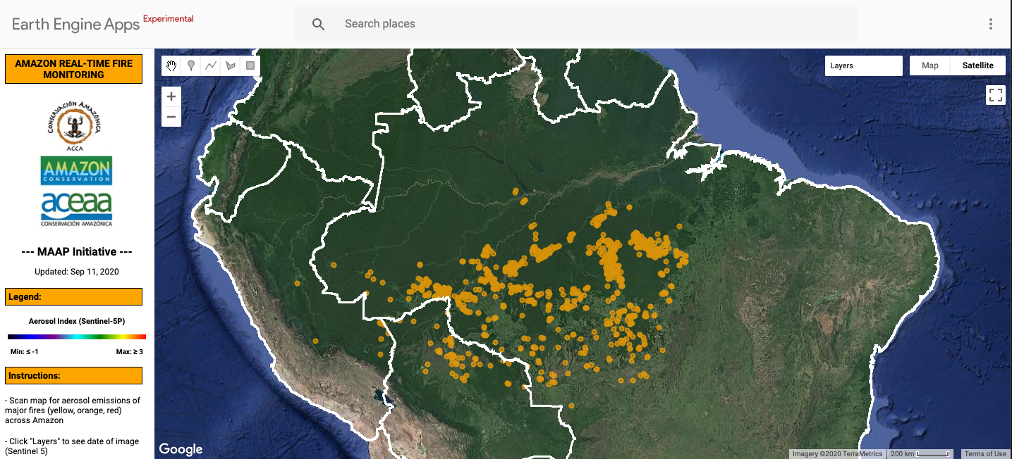 MAAP’s novel Real-time Amazon Fire Monitoring app shows major fires as of Sept 10, 2020.