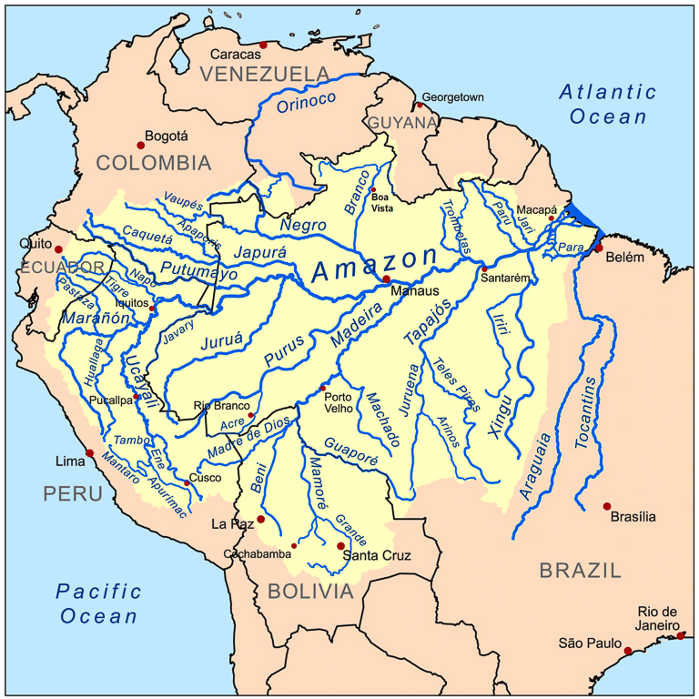 A map of the Amazon Basin. Image by Kmusser via <a href="https://commons.wikimedia.org/wiki/File:Amazonriverbasin_basemap.png">Wikimedia Commons</a> (<a href="https://creativecommons.org/licenses/by-sa/3.0">CC BY-SA</a>).