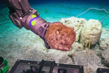 The ROV SuBastain with careful guidance by its pilots uses the manipulator arm to collect a geological sample at 500m on Flinders Reef. Photo credit: Schmidt Ocean Institute