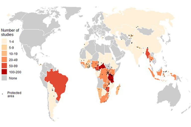 Spatial distribution of research on illegal hunting of mammals in 155 PAs from 48 countries over four decades as collated in the literature. Black dots correspond to the center of a protected area where research for the reviewed papers was conducted. Courtesy of Rija et al (2020).