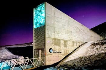 The entrance to the Svalbard Global Seed Vault in Svalbard, Norway, a remote archipelago in the Arctic Ocean. Photo by Subiet via Wikimedia Commons (CC BY-SA 4.0).