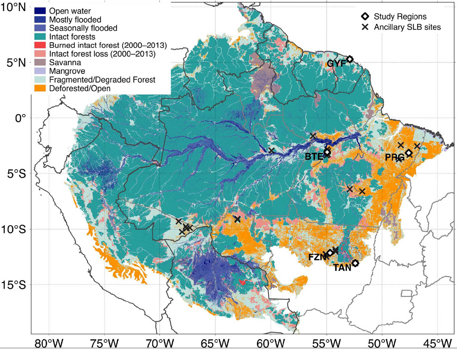 Location of the five study regions within the Amazon biome region, along with land classification as of 2013. Image credit: Longo et al