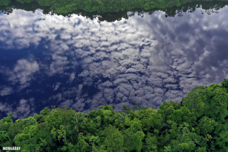 Clouds reflected in a blackwater oxbow lake in the Peruvian Amazon.