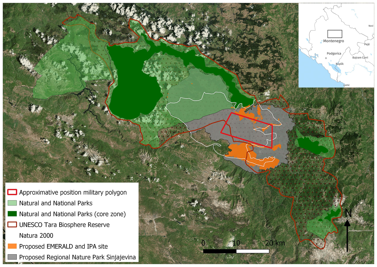 A map showing the approximate location of the proposed military polygon in the Sinjajevina pasturelands. Image courtesy of Pablo Dominguez (inset courtesy of Google Earth Engine).