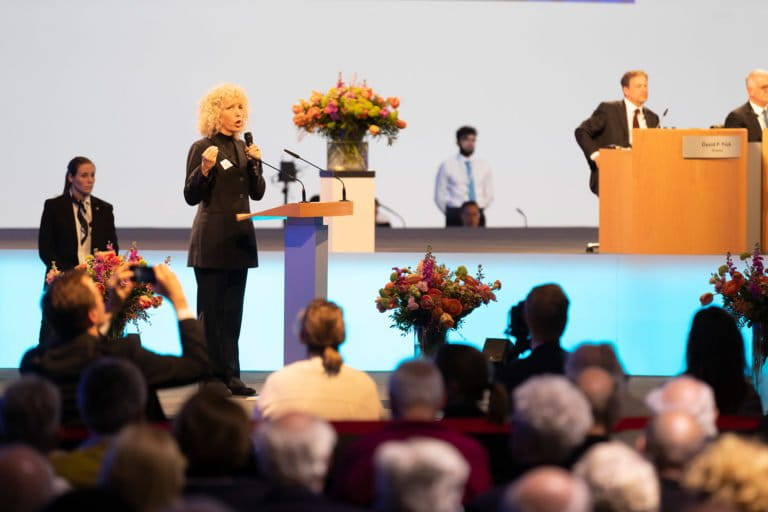 Jennifer Morgan, Greenpeace International Executive Director, delivers a speech in front of the Nestlé Annual General Meeting in 2019. Photo © Greenpeace