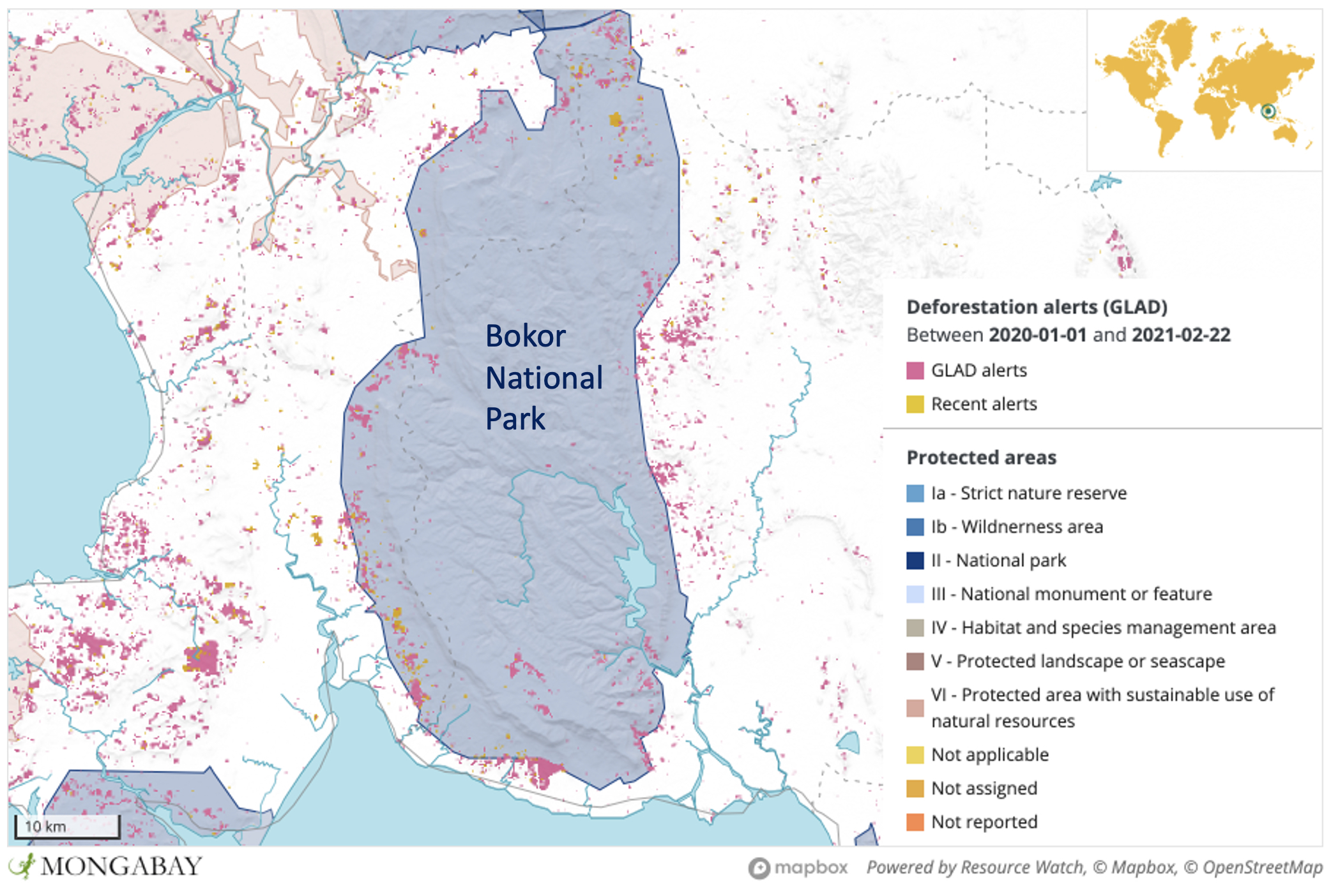 Satellite data from the University of Maryland show large areas of deforestation in Bokor National Park in 2020 and 2021. (Mongabay has not confirmed all areas of forest loss are attributable to the residential development.)