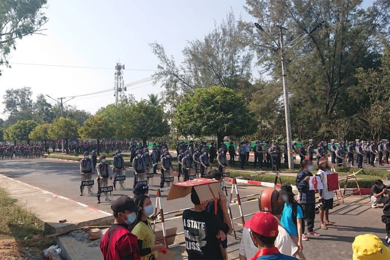 Citizens protest the Myanmar military coup in Kayin State in Feb 2021.