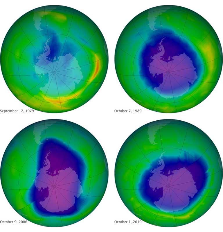 The Antarctic ozone hole on the day of its annual maximum depletion in 1979, 1987, 2006 and 2010, as measured by an instrument on the Aura satellite. Images: NASA Ozone Hole Watch