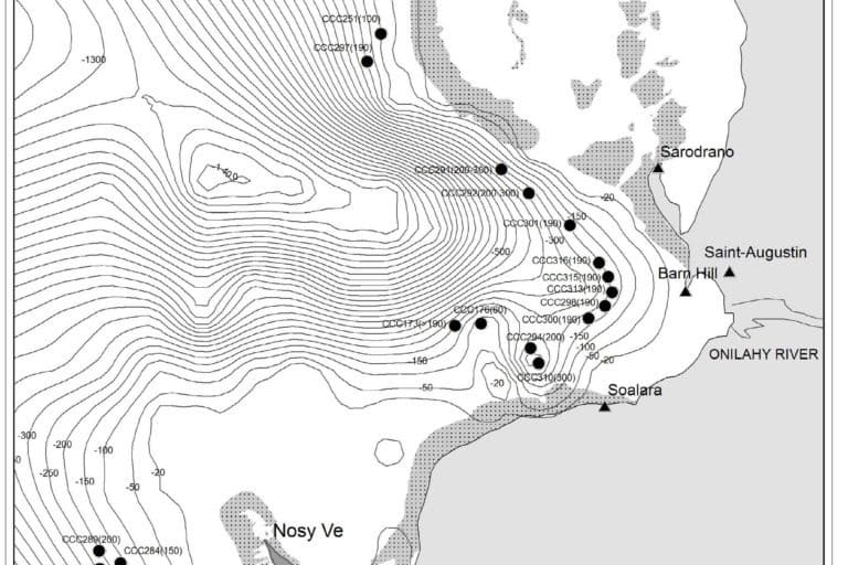 A map of St Augustin Bay, southwestern Madagascar, showing the locations of the cluster of coelacanths caught from 1987 to 2019 near the Onilahy canyon. Map by A. Cooke et al.