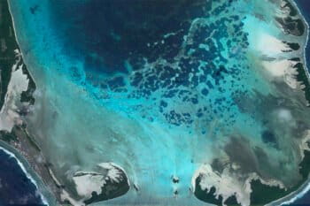 Satellite image of Cocos (Keeling) Islands. Image credit: Maxar Technologies