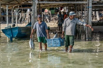 Fishers in Siompu, Southeast Sulawesi with their daily catch. September 2019. Photo credit: Rare.