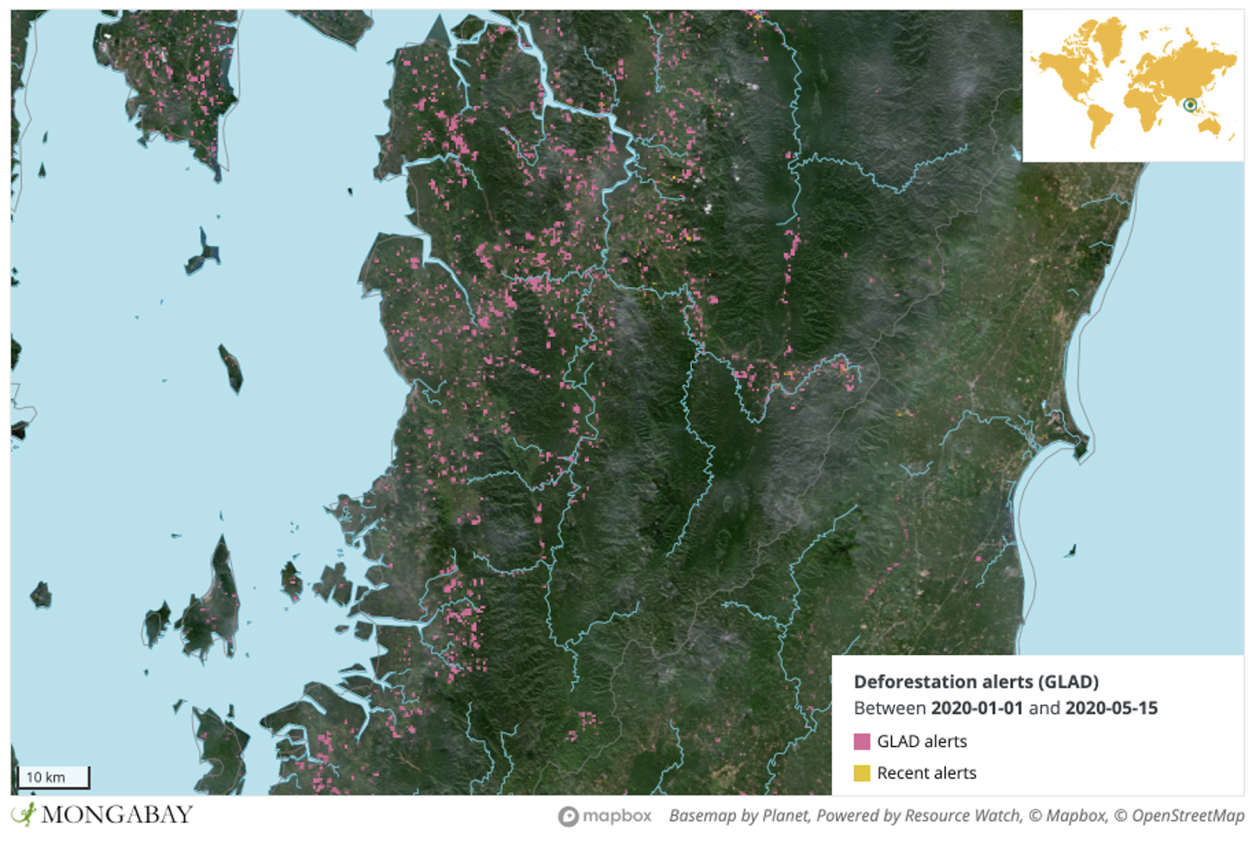 UMD satellite data show high levels of deforestation activity in Kawthoung, Myanmar.