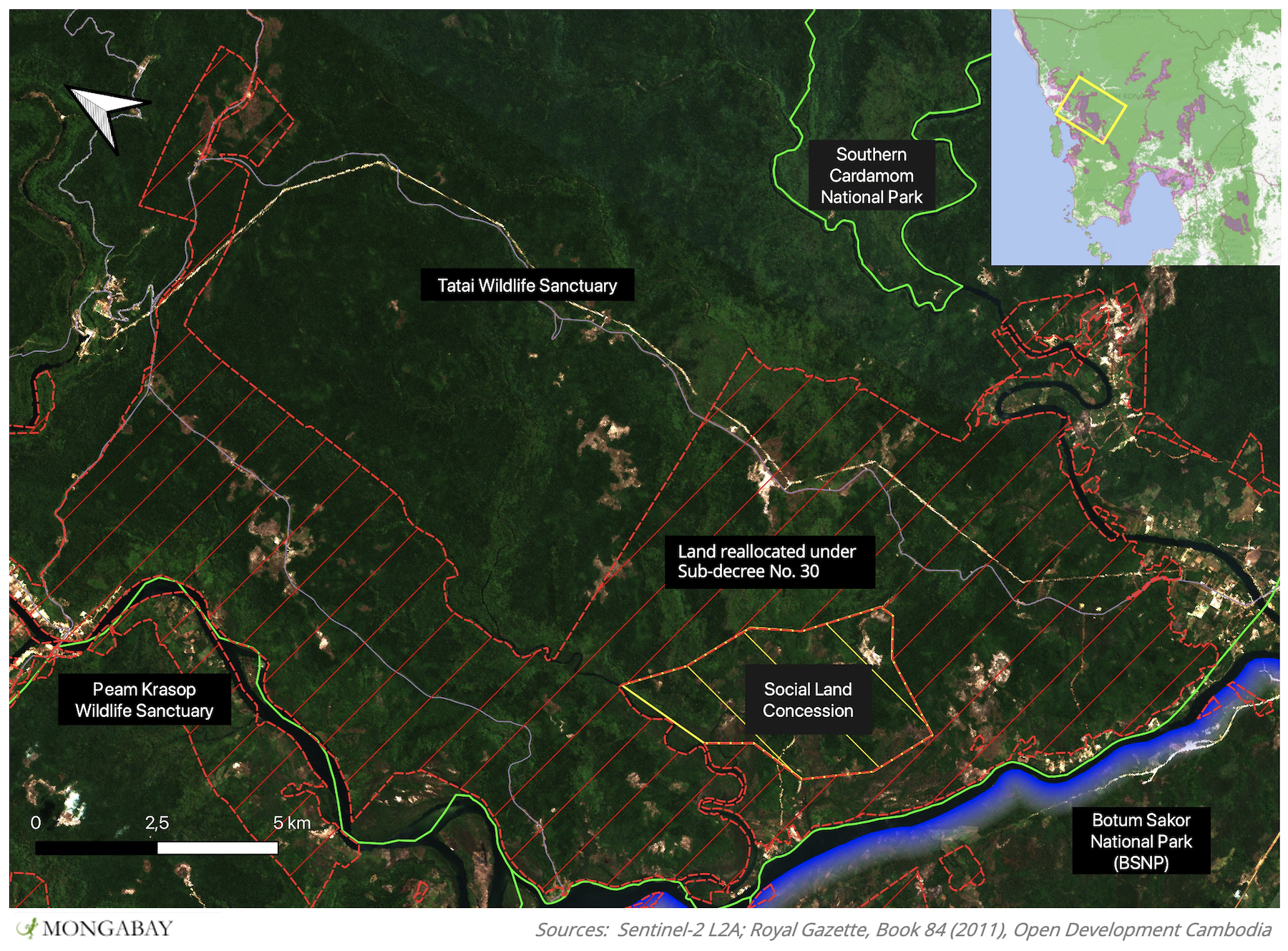 Areas of the allocated sub-decree (red) and a social land concession granted to the military (yellow) in the Tatai Wildlife Sanctuary overlaid onto Satellite imagery from 27/02/2021. Green lines represent protected area boundaries.