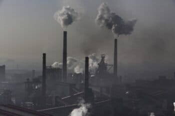 In Hebei province, smoke billows from chimneys from the steel plants in 2014. Photo © Lu Guang / Greenpeace
