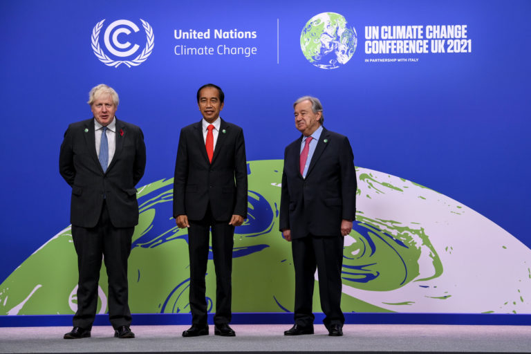 Prime Minister Boris Johnson and Antonio Guterres, Secretary-General of the United Nations greet Joko Widodo, President of Indonesia, on arrival to COP26 World Leaders Summit