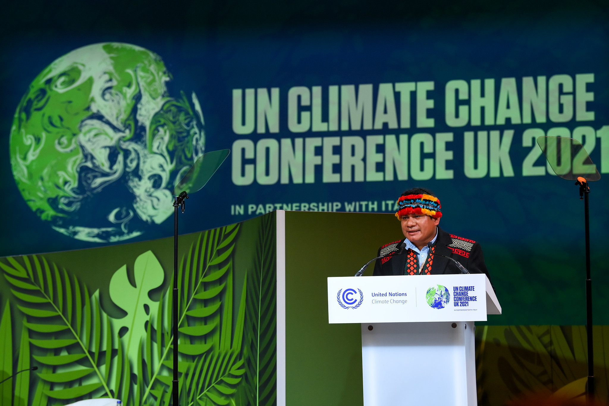 Tuntiak Katan, Indigenous Organisations of the Amazon River Basin (COICA), Global Alliance of Territorial Communites (GATC) speaking at the Forest event at the SEC, Glasgow. 02/11/2021. Photograph: Karwai Tang/ UK Government