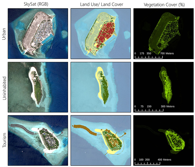 Using remote sensing, researchers mapped land and vegetation cover on small islands in the Maldives to investigate connections between different land uses and declines in insects and other invertebrate species. Photo credit: Remote Sensing Solutions GmbH with satellite imagery from Planet Labs Inc.