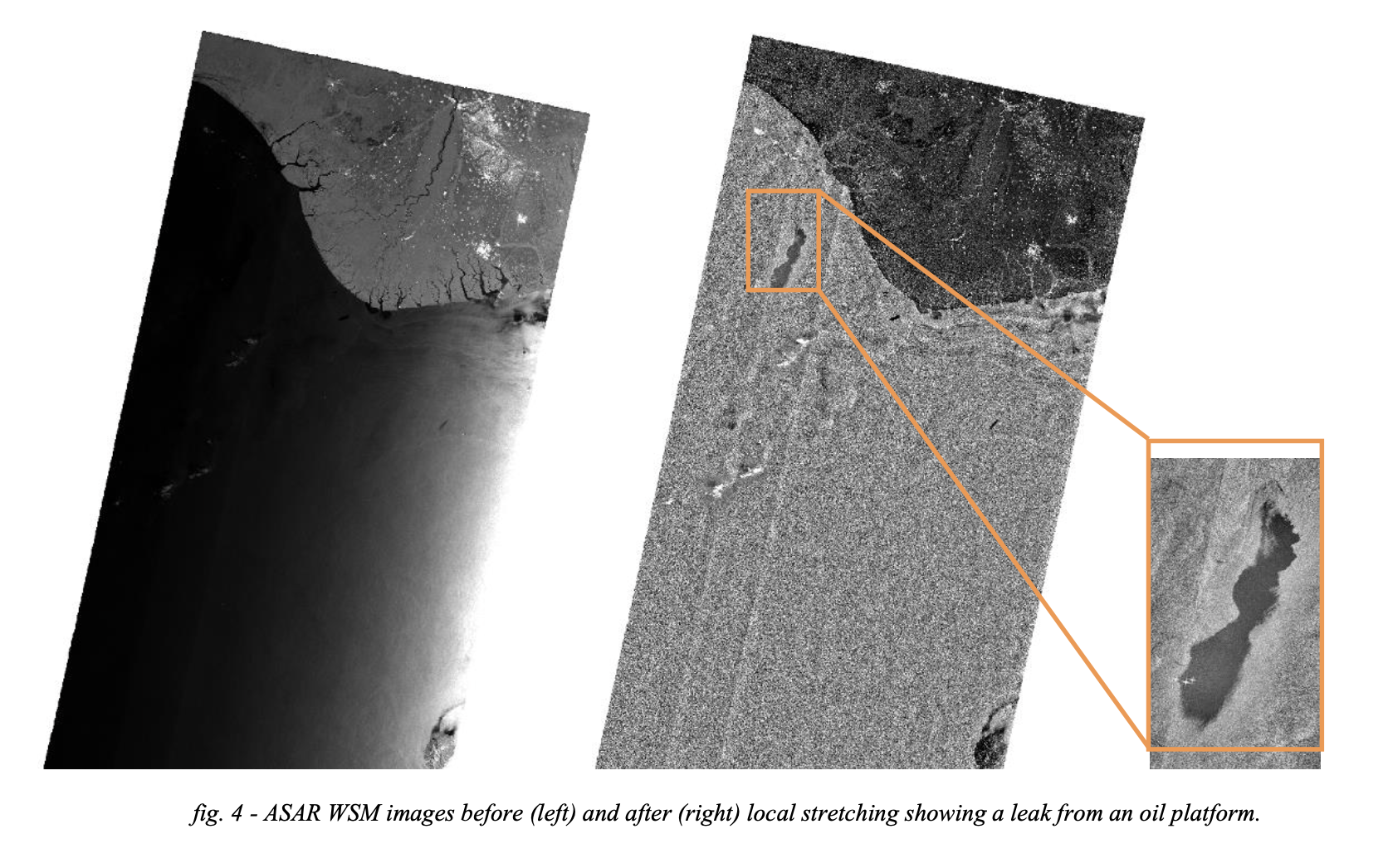 An oil spill from an offshore platform in Nigeria captured by Envisat.