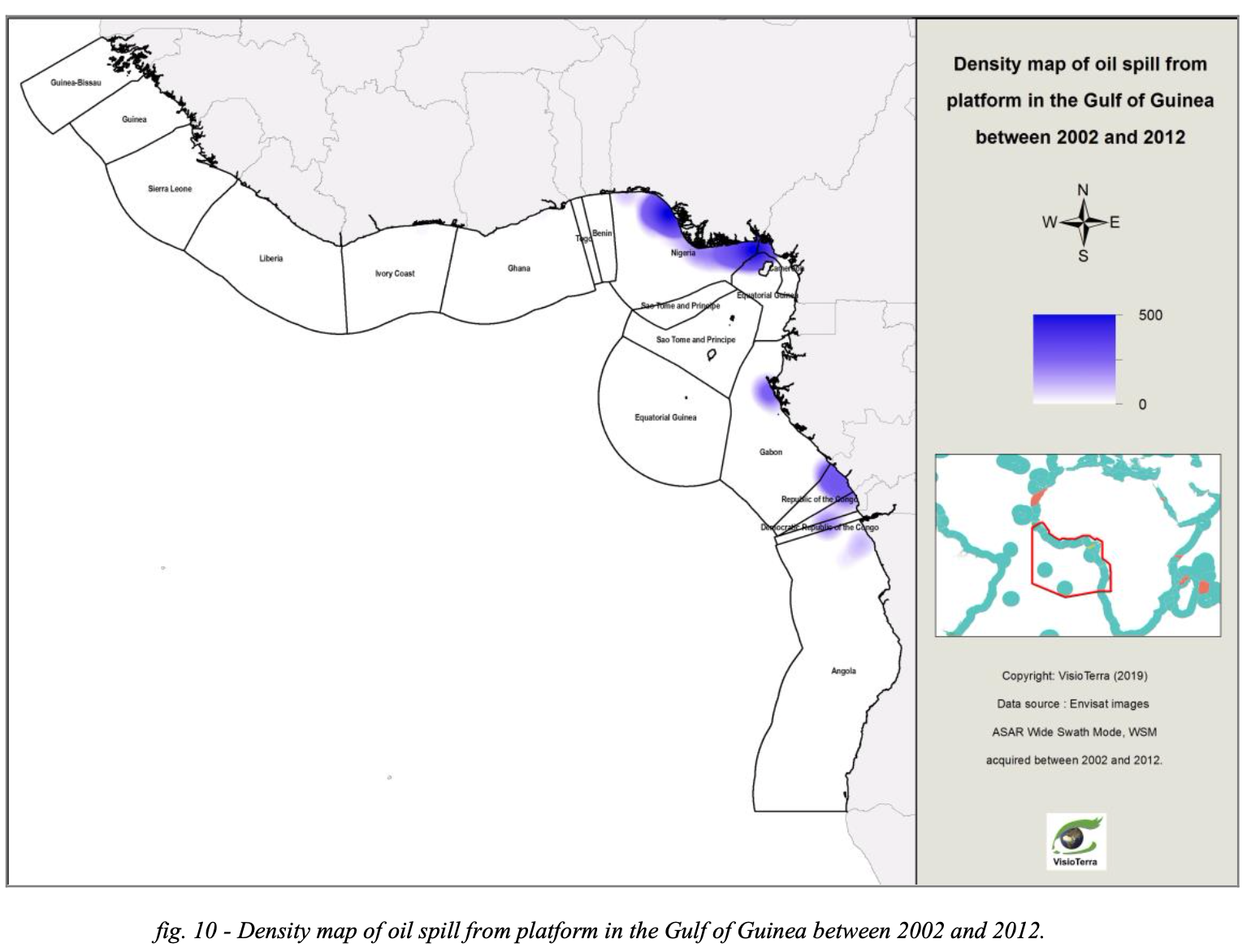 A map of oil spills originating from offshore platforms captured by Envisat between 2002-2012.