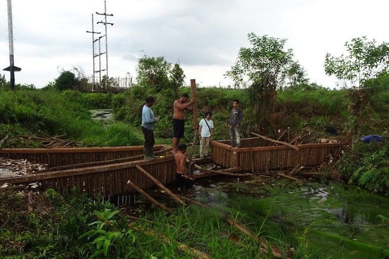 A group works to block a canal made to drain a peatland near Dayun village, Riau, Indonesia. Image courtesy of Wetlands International.