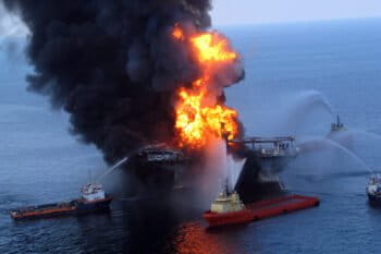 Fighting the flames on the Deepwater Horizon drill platform in 2010. Image credit: NOAA.