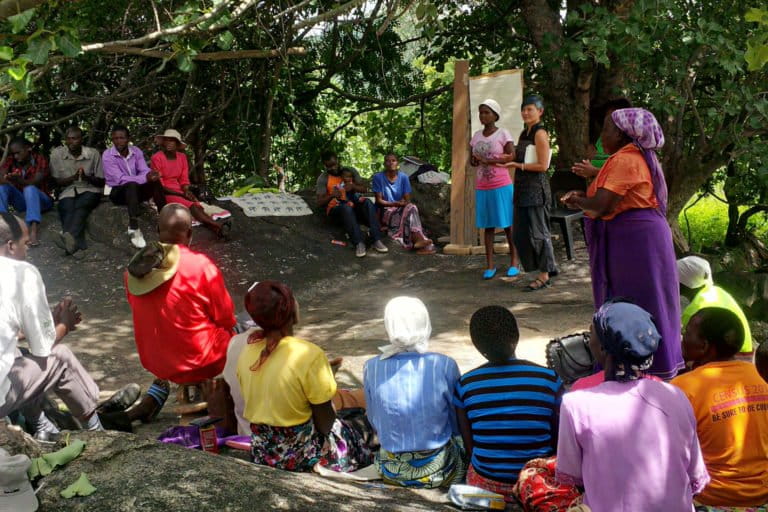 The late Mai Jabulani (right in orange blouse) presenting at a Muonde Trust facilitated strategic planning under a Muonde (wild fig) in Zimbabwe. Image credit: Ken Wilson