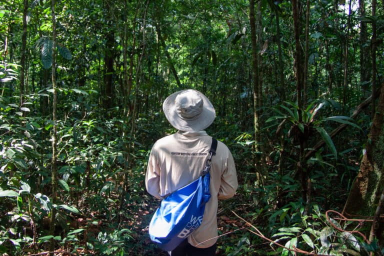 Trekking through the Cardamom Tented Camp concession in Botum Sakor National Park. Image for Mongabay by Gerald Flynn.