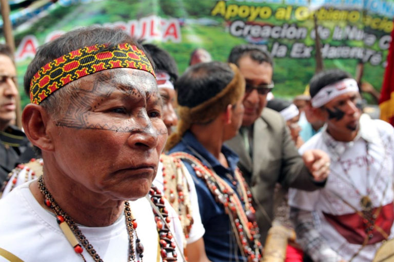 Indigenous leaders in Ecuador demanding an end to new oil and mining concessions on their lands. Photo by Kimberly Brown, Mongabay 2017