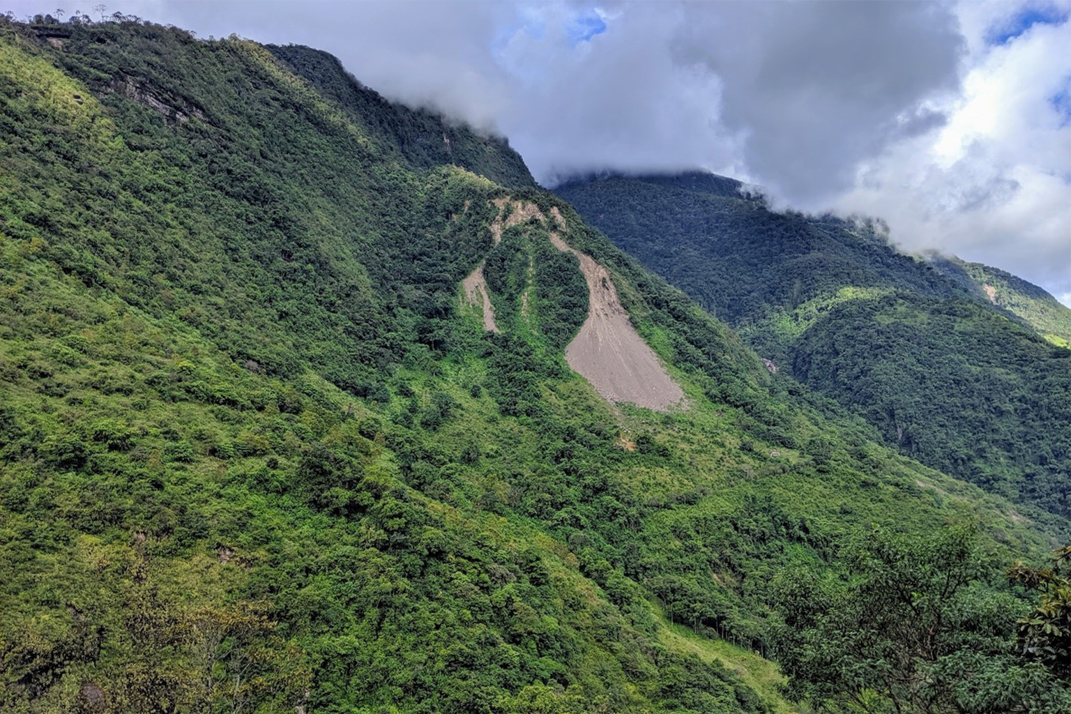  A large landslide cuts through forest between San Juanito and El Carvalio in the Eastern Andes of Colombia. Although landslides occur naturally even in forested areas, research shows that landslides in Colombia are six times more likely in non-forested regions. 