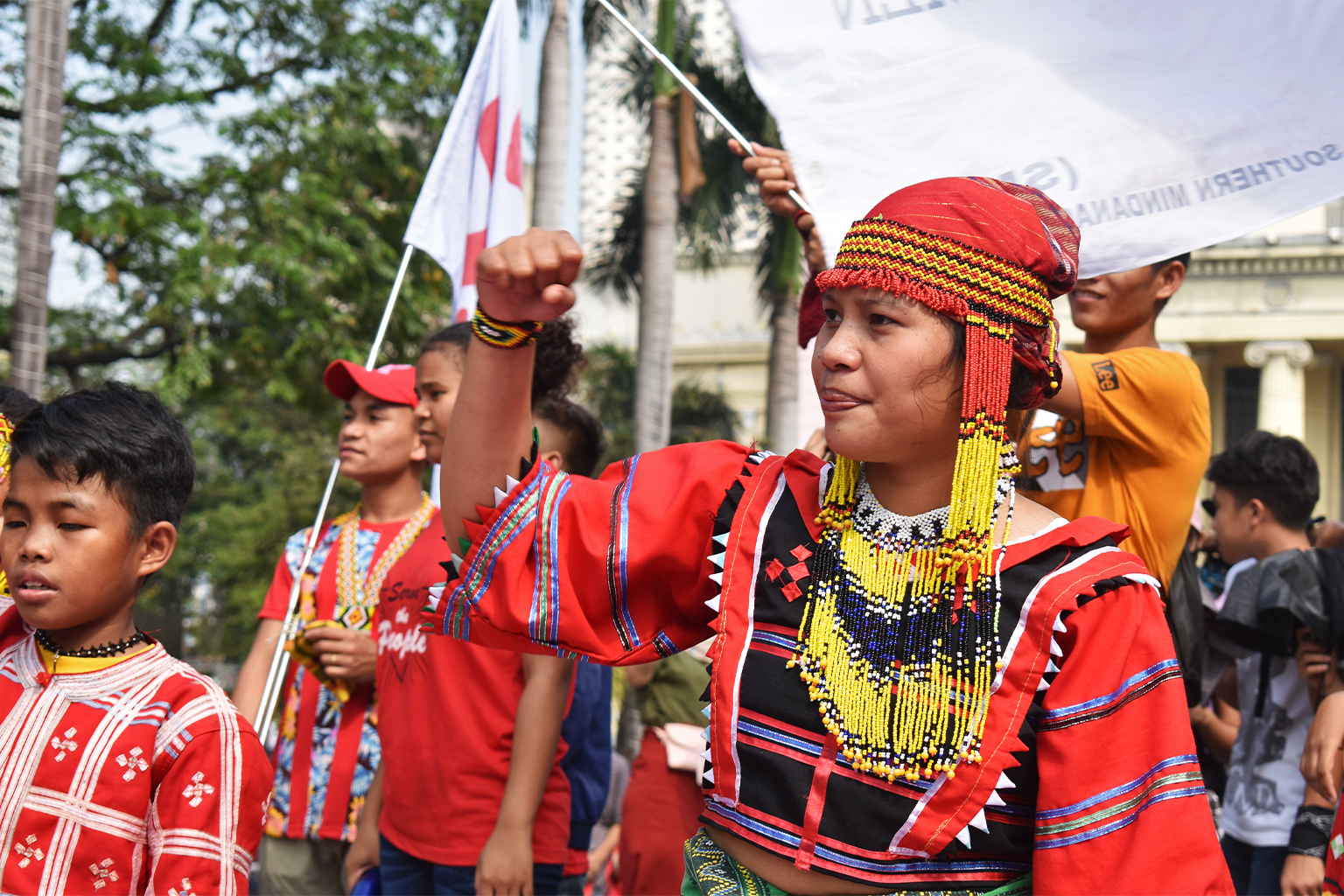 Young people in traditional dress as member of the Sabokahan Unity of Lumad Women in the Philippines.