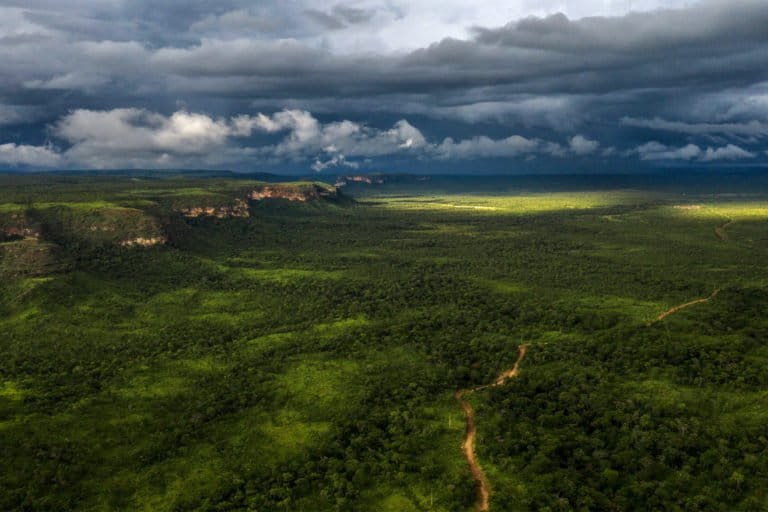 Storm clouds approach Rocandor mountain range at Pimentel Barbosa Indigenous reservation, where Ripá tribe is located in Canarana, Mato Grosso.