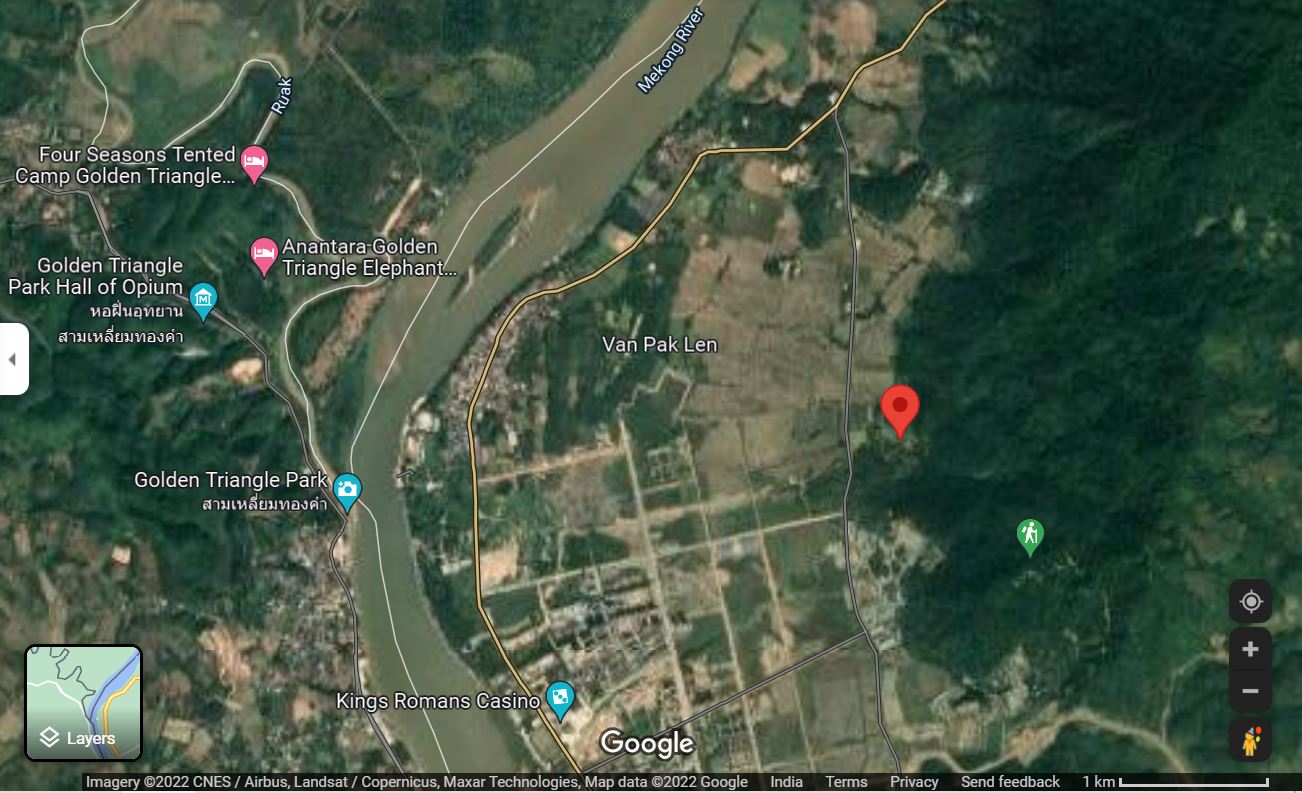 Google maps overview of Kings Romans and the Golden Triangle Special Economic Zone. The red dot denotes the location of the tiger farm.