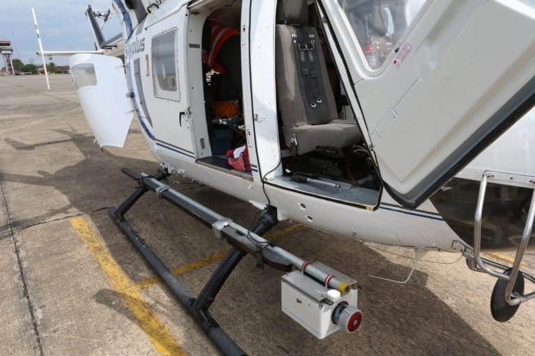 The Riegl VUX-1 scanner with a Trimble APX-15 UAV GNSS, attached to the Eurocopter AS350 helicopter. Source: H. Prümers / DAI.