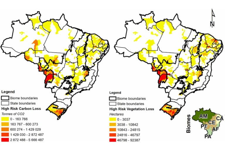 Maps showing the largest CO2 stocks (in metric tons) and native vegetation areas (in hectares) at high risk of legal conversion in Brazil until 2025.