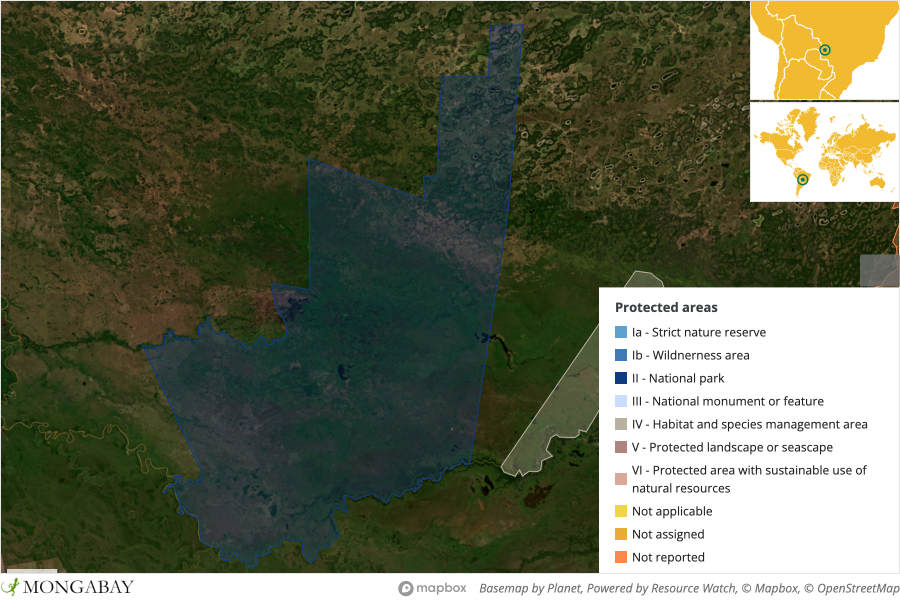 Satellite imagery captured in February 2022 shows Pantanal do Rio Negro State Park (blue) before fires tore across the northern portion of the park between May and July.