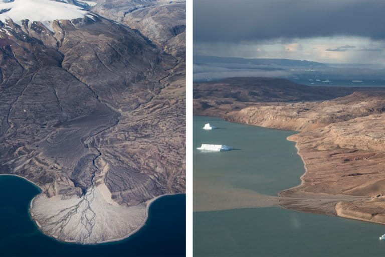 Melted ice sheet pouring out sand in Greenland. Images by Nicola Krog Larsen.