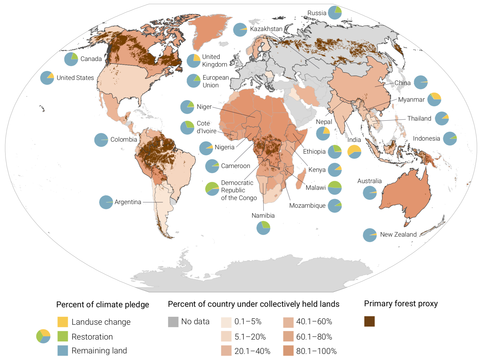 Percentage of land needed per country to meet its national climate pledges. Image courtesy of the Land Gap Report.