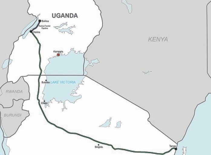 EACOP's route stretches 1,445 kilometers from Hoima to the port of Tanga in Tanzania. Image by Sputink via Wikimedia Commons (CC BY-SA 4.0).