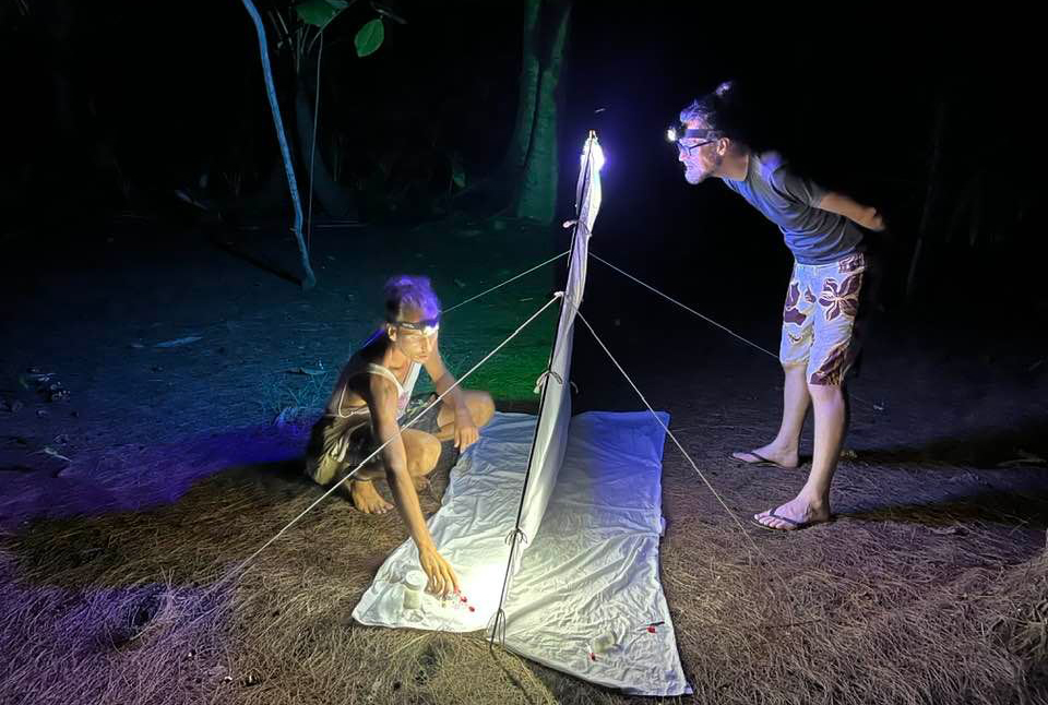 Sebastian Steibl (left) and Thibault Ramage sampling insects