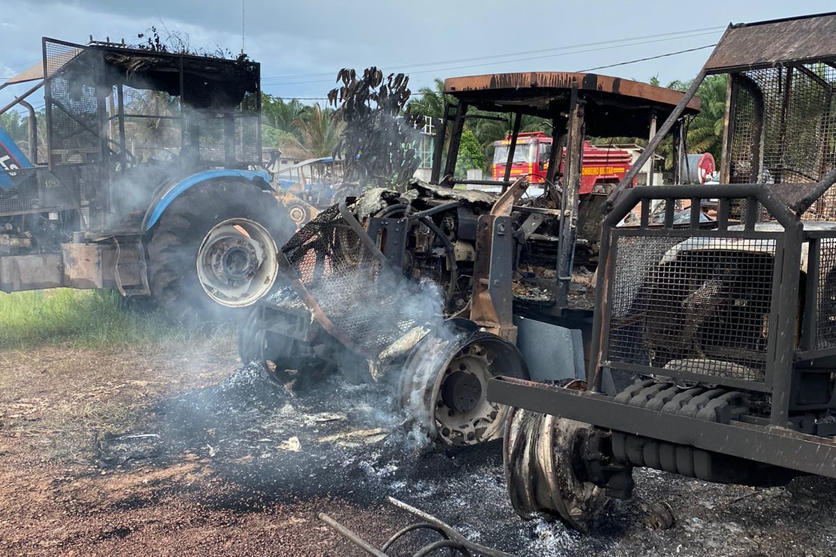 Destroyed vehicular machinery.