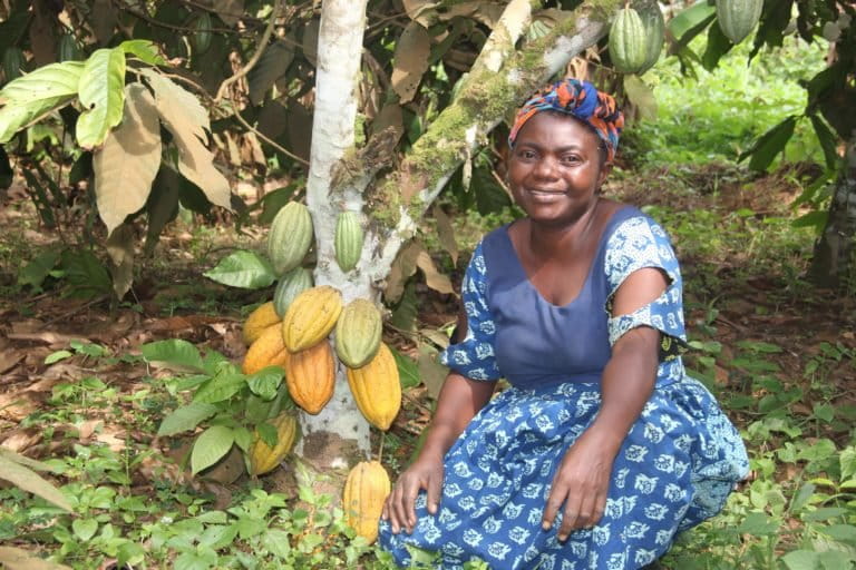 Kavira Kahasa Leoni, cocoa planter with IDAD, from the small village of Mundubiena. Image courtesy of IDAD.