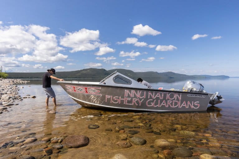 Members of the Innu Nation Fishery Guardians along the coast of Labrador. Image courtesy of Jordan Melograna/Indigenous Leadership Initiative.