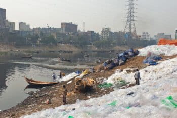 Used polythene waste on the banks of Buriganga River.